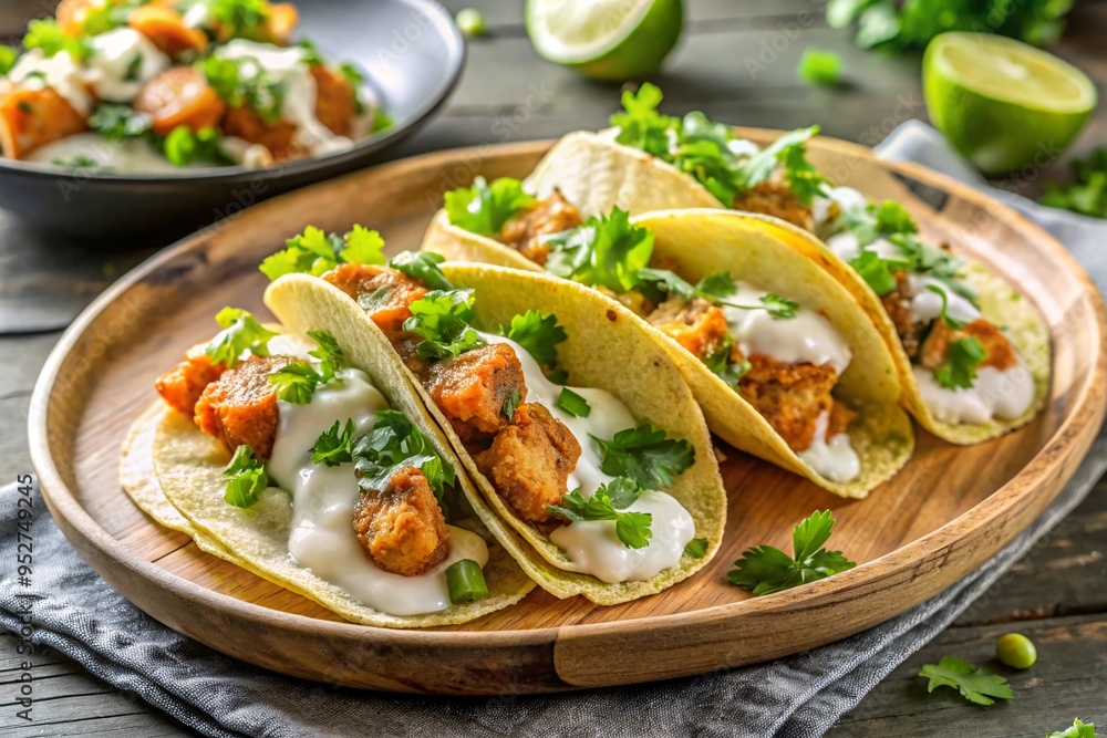 A platter of crispy fish tacos with lime crema and fresh cilantro A platter of crispy fish tacos with lime crema and fresh cilantro
