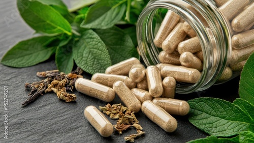 A close-up of herbal medicine capsules spilling from a glass jar, with dried herbs and fresh leaves scattered around, photorealistic, hyper-resolution, natural balance in wellness photo