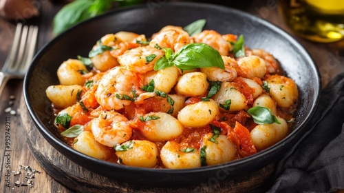 Homemade Italian gnocchi with crab and basil sauce.