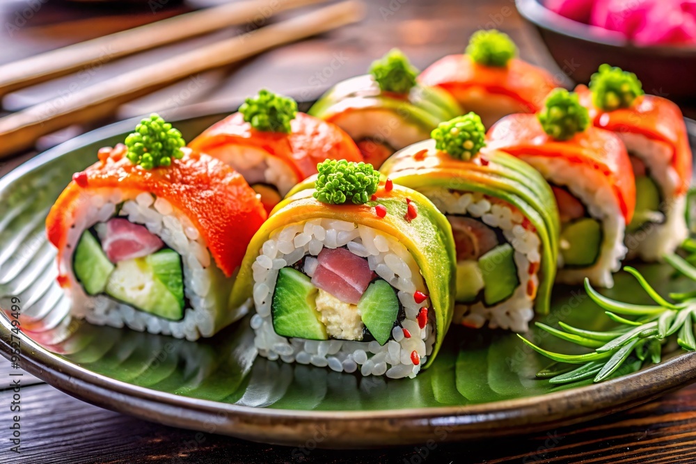 A plate of vibrant sushi rolls with pickled ginger and wasabi A plate of vibrant sushi rolls with pickled ginger and wasabi