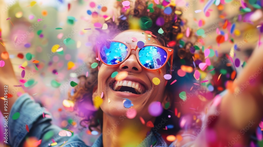 Woman celebrating at carnival surrounded by rainbow confetti Woman celebrating at carnival surrounded by rainbow confetti