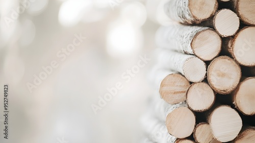 A stack of dry wooden logs arranged neatly, with a blurred background of a light solid color