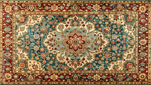 Texture old of traditional Persian carpet red turquoise pattern. Oriental rug with intricate pattern