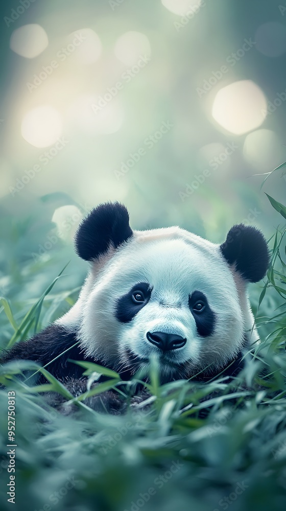 Fototapeta premium An adult panda resting peacefully in a field of green grass, with a blurred light color background for emphasis