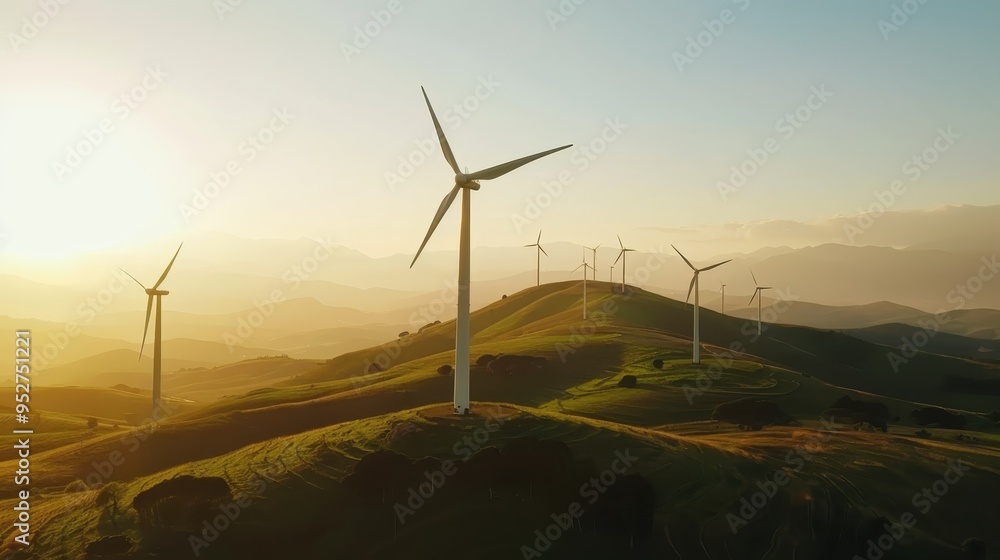 Scenic view of wind turbines on a hill at sunset, promoting renewable energy and sustainable solutions for a greener future. Scenic view of wind turbines on a hill at sunset, promoting renewable energy and sustainable solutions for a greener future.