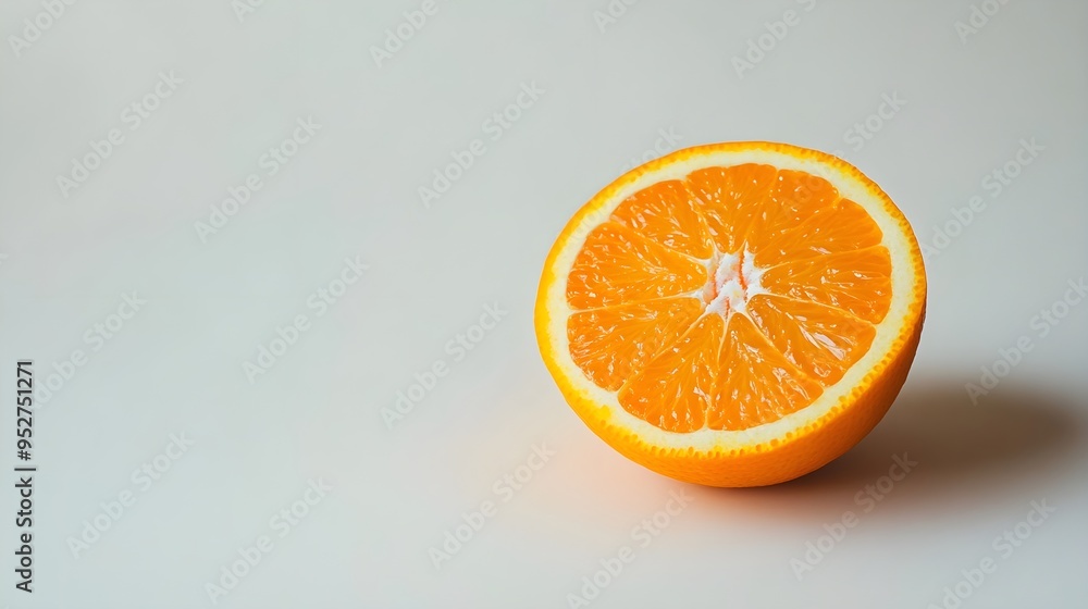 A close-up shot of a Jeju orange half cut open, showcasing its juicy interior against a soft, light solid color background A close-up shot of a Jeju orange half cut open, showcasing its juicy interior against a soft, light solid color background