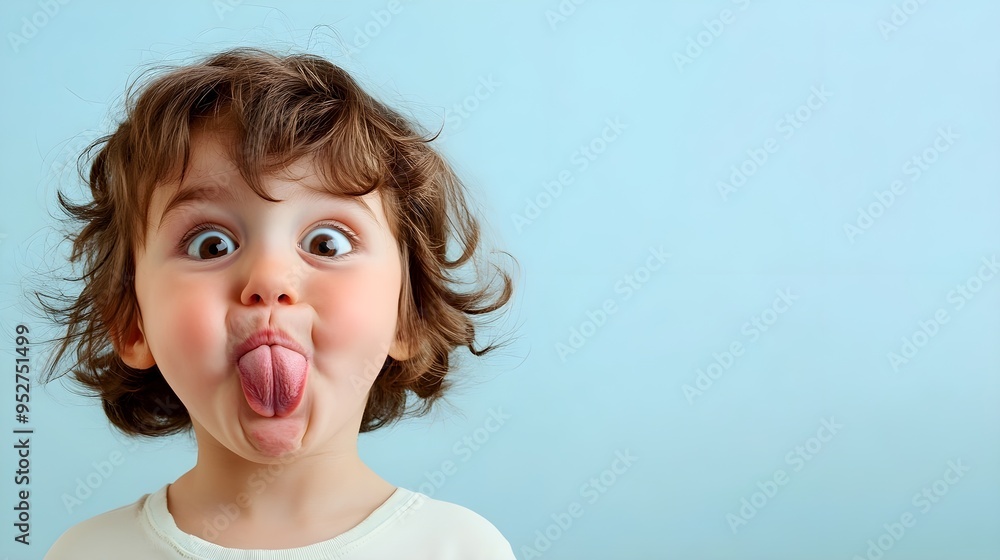 Naklejka premium A child making a silly face with exaggerated features, surrounded by a light blue background, with plenty of copy space