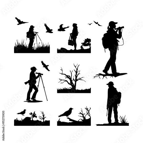 Birdwatcher in Natural Habitat Silhouette set clipart