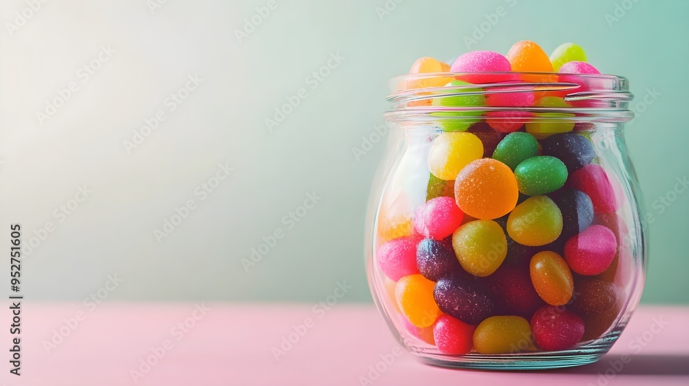 A close-up of a transparent glass jar filled with colorful candies, set against a light solid color background, emphasizing the vibrant colors and textures A close-up of a transparent glass jar filled with colorful candies, set against a light solid color background, emphasizing the vibrant colors and textures