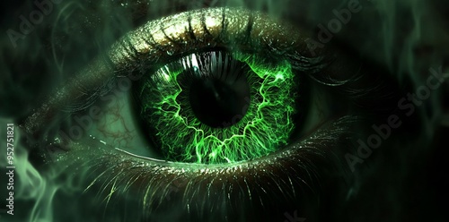 An abstract representation of an eye with neon green retina and iris for scientific research or futuristic wallpaper with copy space for text.