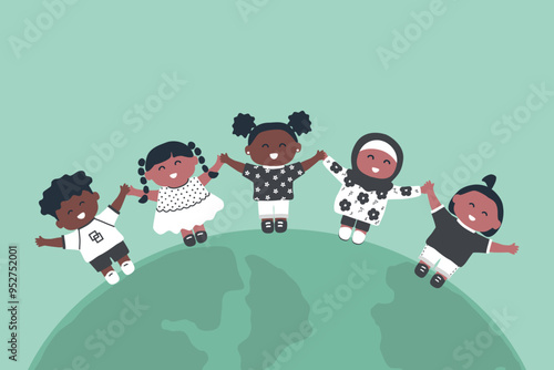 Children Stand on the Globe. Diverse Group of Kids Holding Hands. Happy Baby Girls and Baby Boys. Vector Illustration on Green