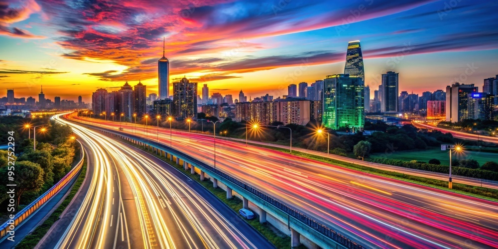 Obraz premium Vibrant cityscape at sunset with colorful light streaks on a busy highway , city, urban, skyline, sunset, evening