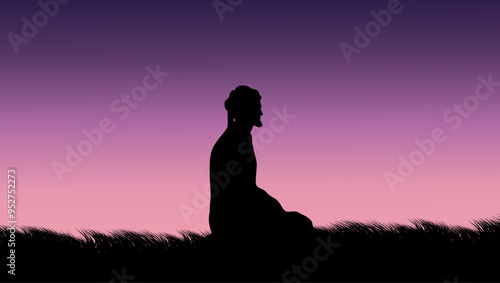 Muslim prayer in the field, flat color illustration