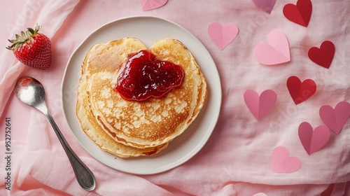 Heart-shaped pancakes for a romantic breakfast with strawberry jam and silver spoon. photo