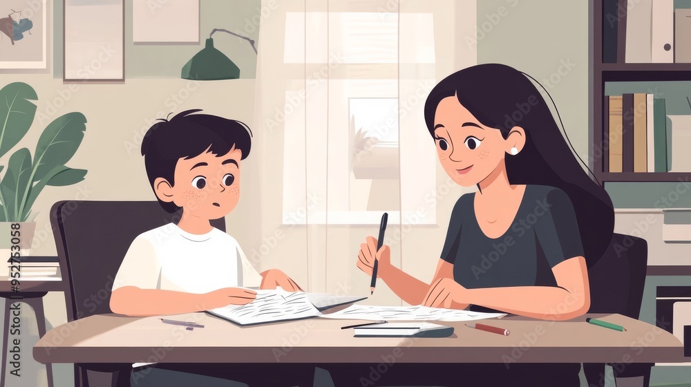 Mother struggles with homework and son Mother struggles with homework and son