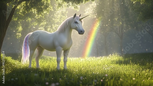 A majestic unicorn standing in a lush green meadow, with a rainbow reflecting off its shimmering mane