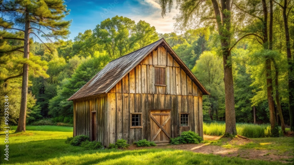 Rustic small wooden barn house surrounded by trees, cabin, countryside, architecture, rustic, cozy, quaint, vintage, traditional, farm Rustic small wooden barn house surrounded by trees, cabin, countryside, architecture, rustic, cozy, quaint, vintage, traditional, farm