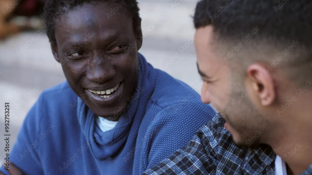 joy, youth - two young migrants sitting on the street talking and laughing joy, youth - two young migrants sitting on the street talking and laughing