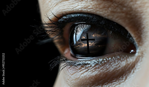 An eye with a cross in its gaze. A powerful symbol of faith, healing, and prayer. Stock Photography. photo