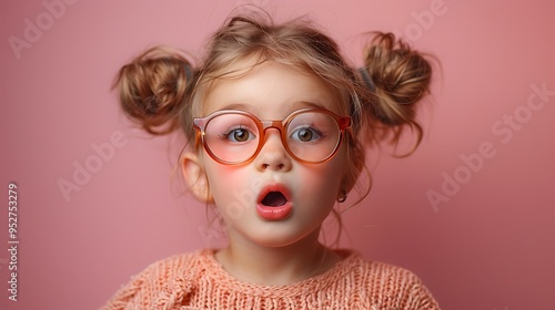 A little girl with blonde hair, wearing pink glasses, looks surprised against a pink background.