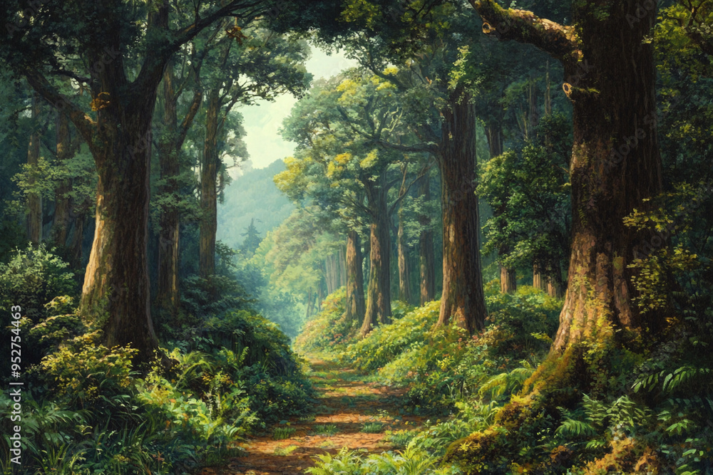 Obraz premium Serene Pathway Through Ancient Forest