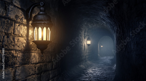 Old lantern in a dark tunnel going into the foggy distance, stone texture.