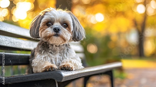 Shih Tzu sitting on a park bench looking curiously at the camera photo