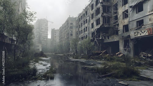 Urban decay in a post-apocalyptic city with vegetation reclaiming derelict buildings Gritty worn muted desaturated colors heavy textures detailed 3D ruins