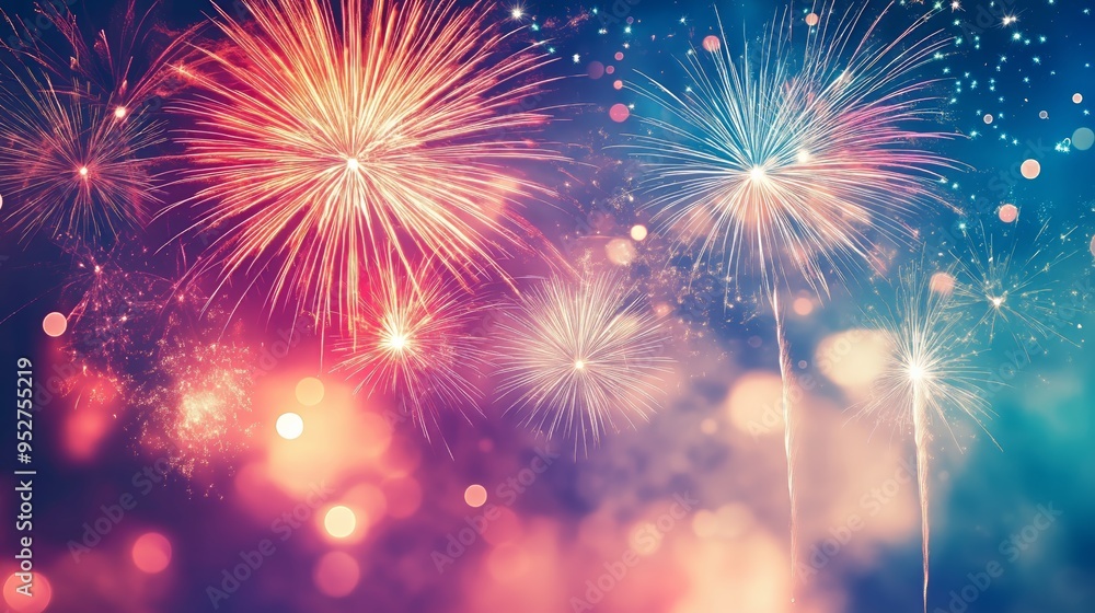 New Year’s Celebration Fireworks Lighting Up Night Sky with Colorful Explosions and Bokeh Lights New Year’s Celebration Fireworks Lighting Up Night Sky with Colorful Explosions and Bokeh Lights