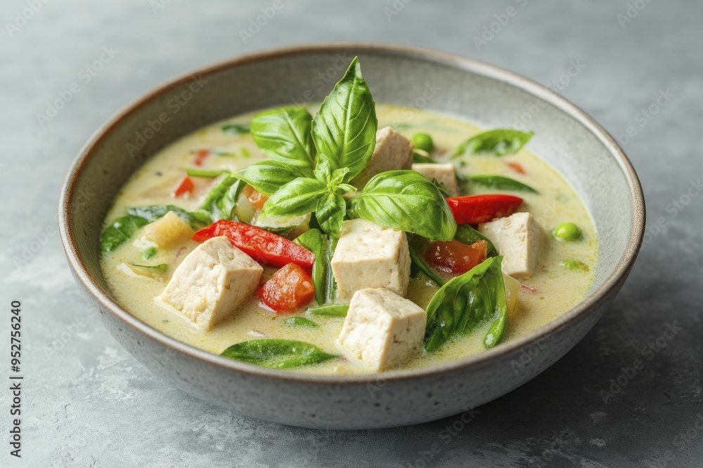 Vegan Green Curry with Tofu and Seasonal Vegetables on a Modern Plate Vegan Green Curry with Tofu and Seasonal Vegetables on a Modern Plate