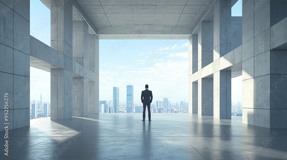 Fototapeta premium Businessman in contemporary concrete interior, city view.