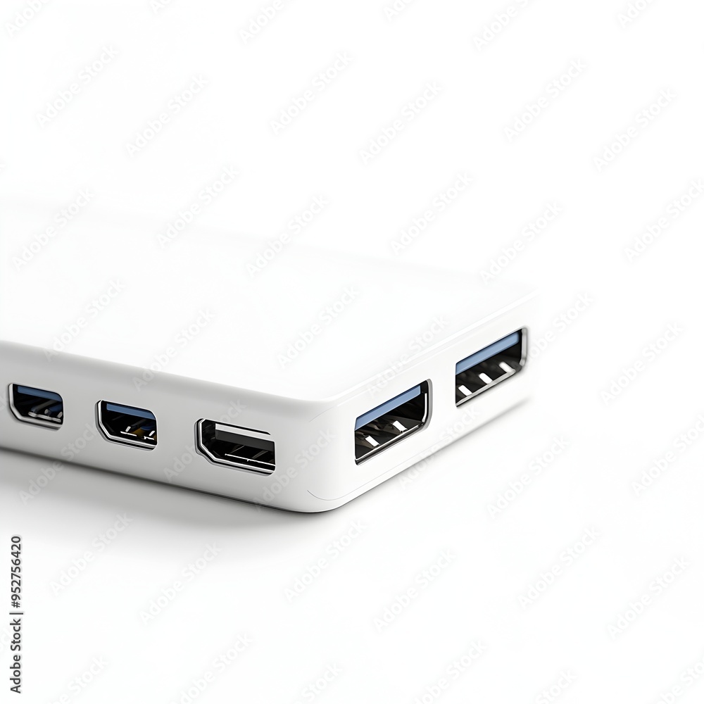 Sleek and Modern USB C Hub Resting Elegantly on Pristine White Background Sleek and Modern USB C Hub Resting Elegantly on Pristine White Background
