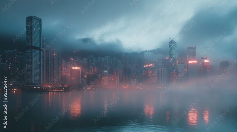Naklejka premium HK City misty morning