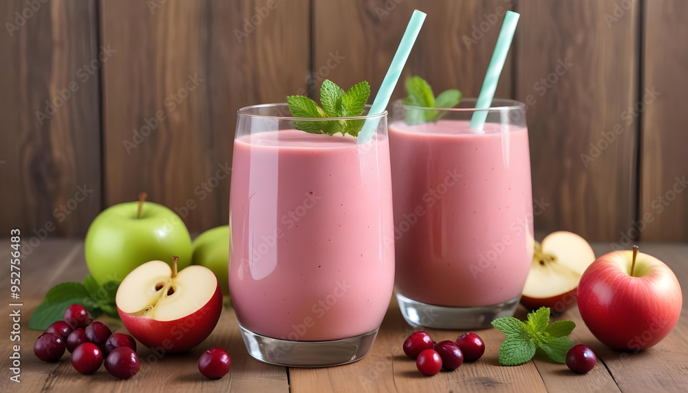 Two glasses of pink apple and cranberry smoothie garnished with mint, surrounded by fresh apples and cranberries on a wooden table.
Two glasses of pink apple and cranberry smoothie garnished with mint, surrounded by fresh apples and cranberries on a wooden table.