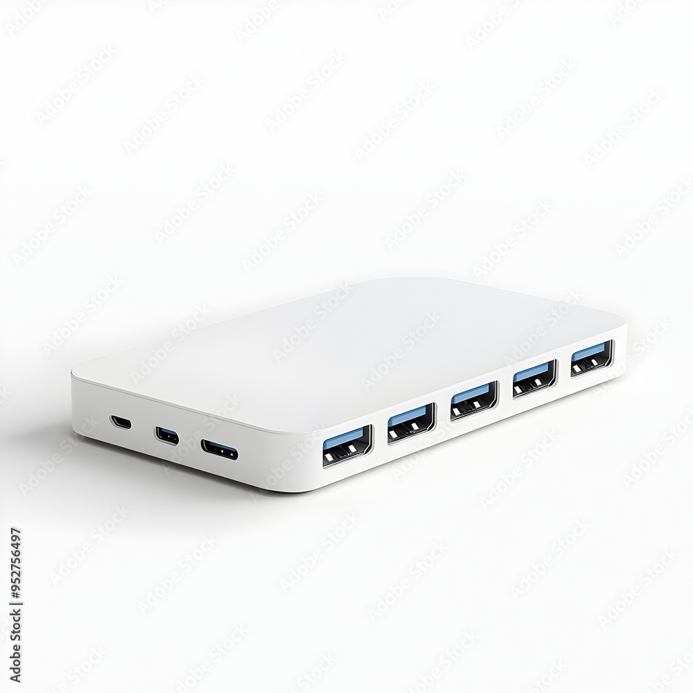 Sleek and Modern USB C Hub Resting on a Pristine White Background Sleek and Modern USB C Hub Resting on a Pristine White Background