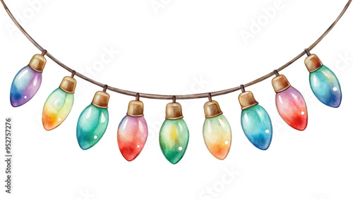 Vibrant watercolor illustration of a string of colorful Christmas lights. This festive decoration adds a cheerful and bright atmosphere to any holiday setting. Isolated on transparent background, png.