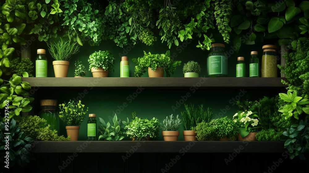 Fototapeta premium Herbal Apothecary Shelf with Lush Greenery