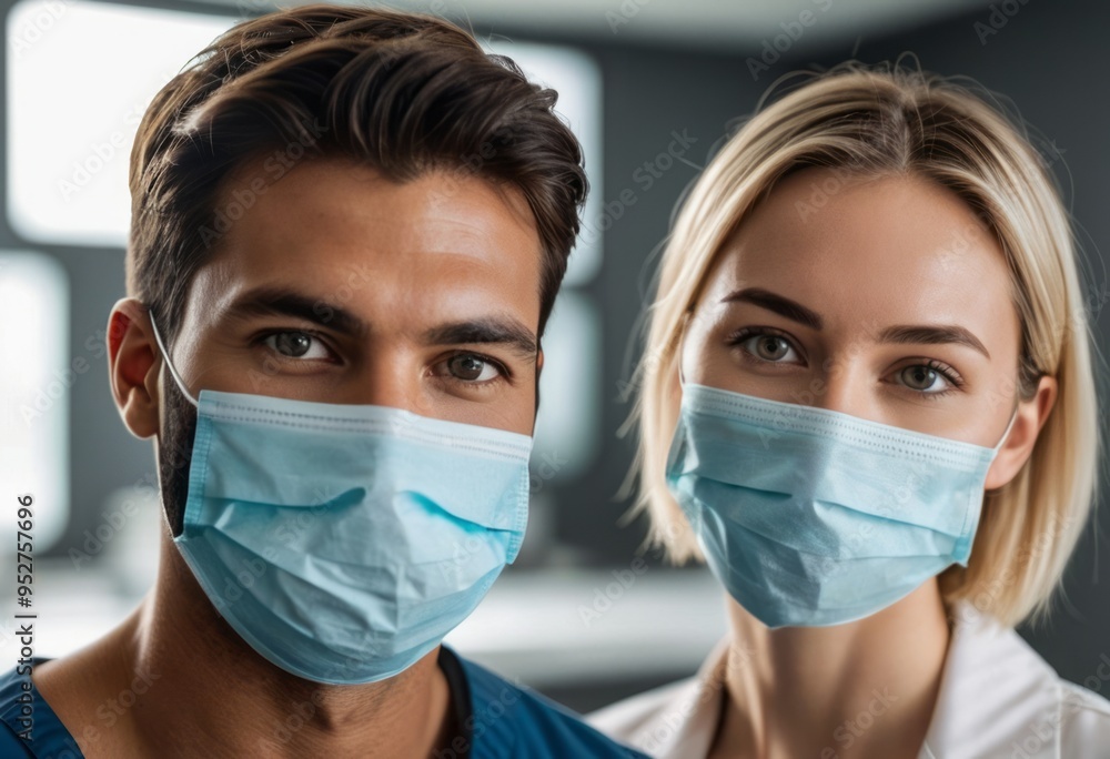 A close-up of two doctors wearing masks in a hospital corridor, focused on their work. The image emphasizes health, safety, and dedication. A close-up of two doctors wearing masks in a hospital corridor, focused on their work. The image emphasizes health, safety, and dedication.