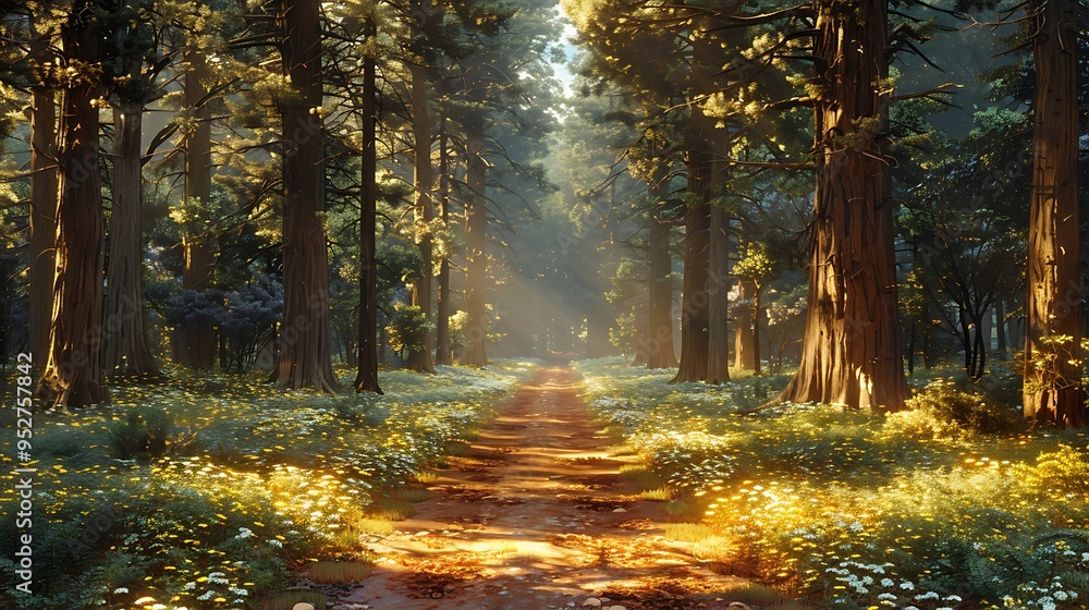 Obraz premium A dirt path winds through a lush forest, sunlight filtering through the trees and illuminating the wildflowers.