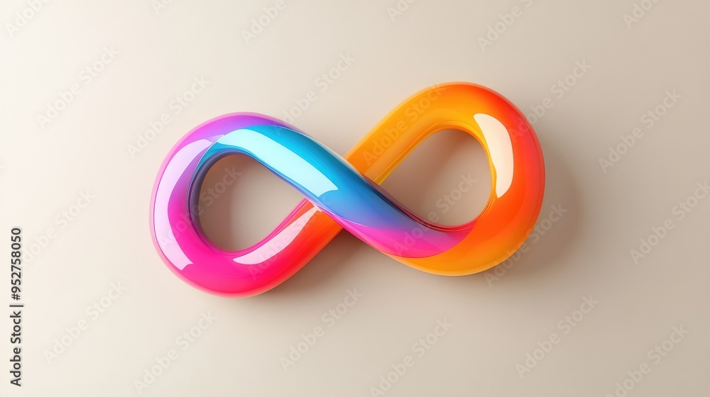 A modern, multicolored infinity sign with a glossy finish, casting soft shadows on a neutral background. A modern, multicolored infinity sign with a glossy finish, casting soft shadows on a neutral background.