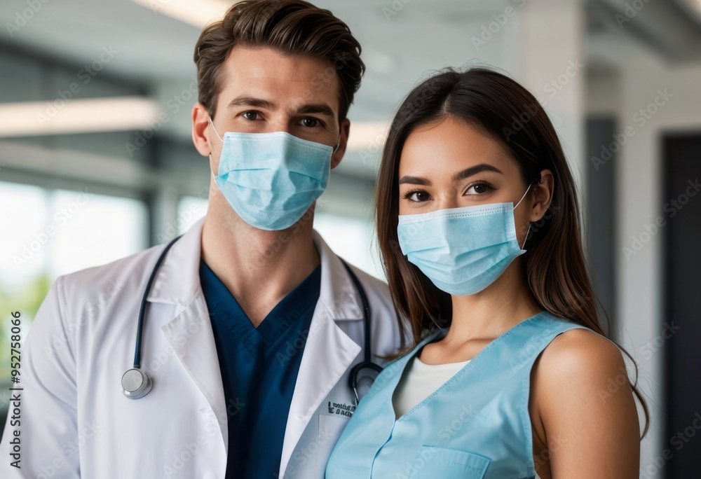 A group of healthcare professionals, including a man and a woman, wear masks while standing in a hospital corridor, emphasizing safety and teamwork. A group of healthcare professionals, including a man and a woman, wear masks while standing in a hospital corridor, emphasizing safety and teamwork.