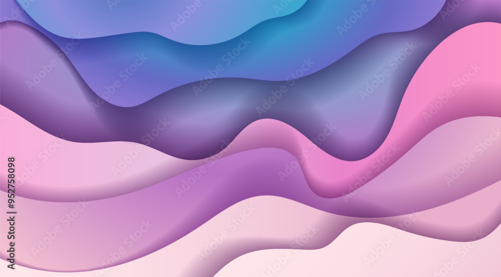 Abstract design showing layered wavy patterns in purple, blue, and pink shades, against a smooth gradient background. Concept of modern, fluid art. Vector illustration Abstract design showing layered wavy patterns in purple, blue, and pink shades, against a smooth gradient background. Concept of modern, fluid art. Vector illustration