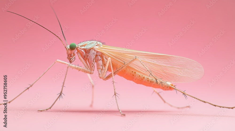 Delicate mosquito perched on pink surface in natural light setting Delicate mosquito perched on pink surface in natural light setting