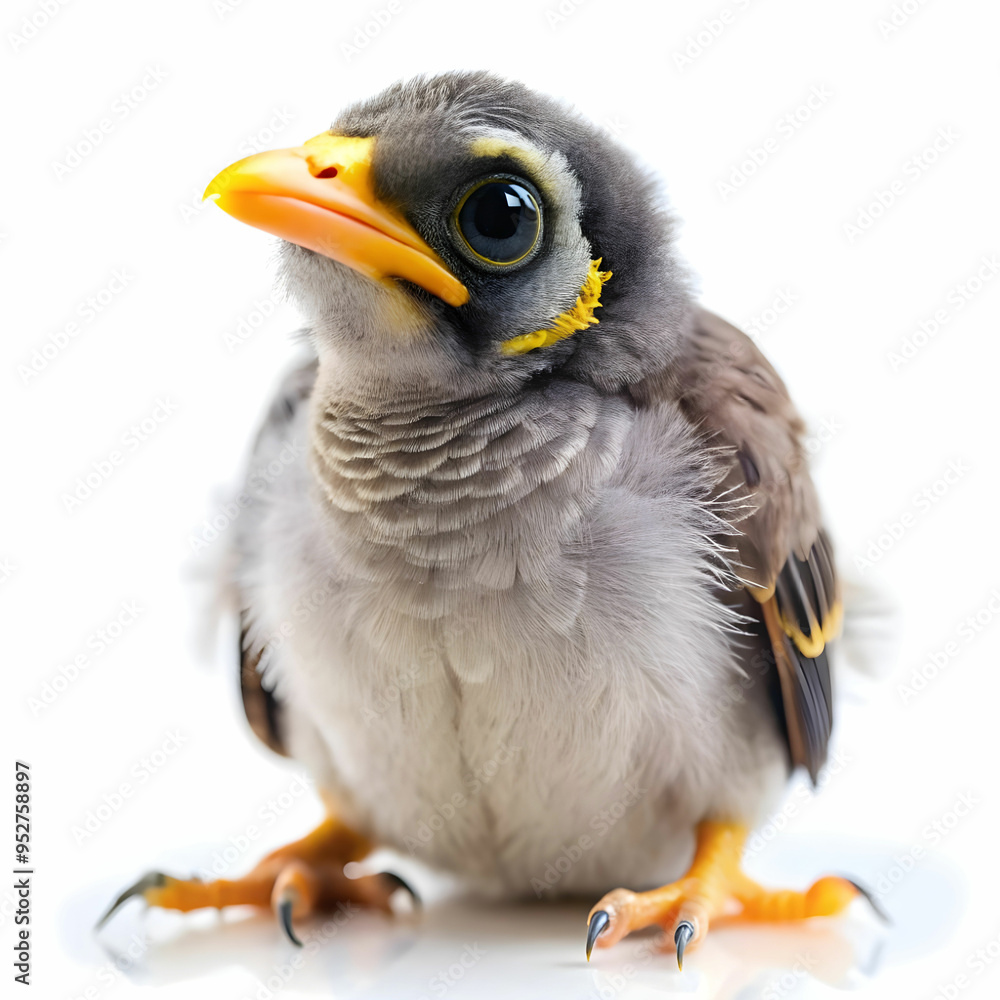 close up of a baby noisy miner on white background close up of a baby noisy miner on white background