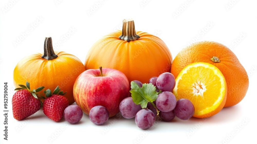 Apples, grapes, orange, pumpkin, strawberries on white Apples, grapes, orange, pumpkin, strawberries on white