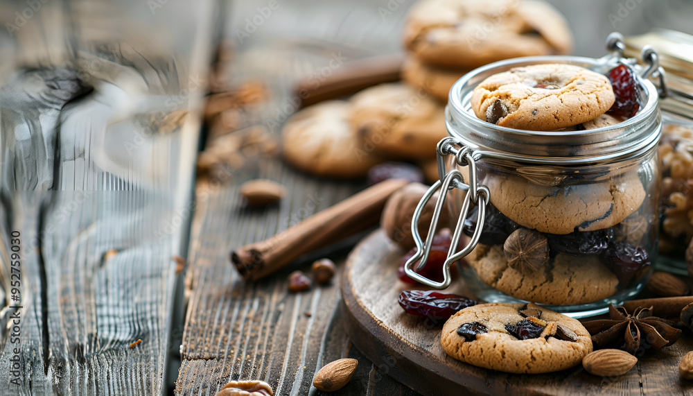 Healthy cookies with dried fruits and nuts in a glass jar Healthy cookies with dried fruits and nuts in a glass jar