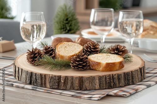 Rustic Christmas dining table with plaid napkins and candles. photo