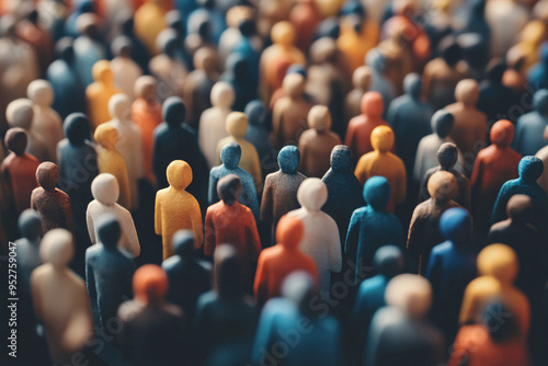 A dense crowd of small, colorful wooden figures represents diversity and togetherness, viewed from above in a soft focus