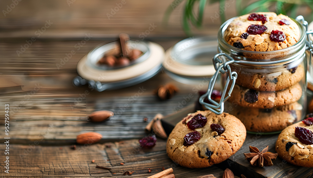 Healthy cookies with dried fruits and nuts in a glass jar Healthy cookies with dried fruits and nuts in a glass jar