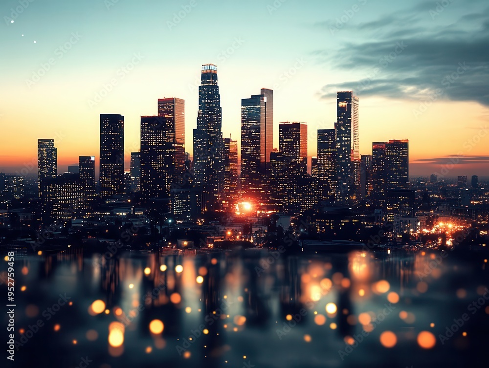 Obraz premium Stunning sunset cityscape with vibrant city lights and modern skyscrapers.